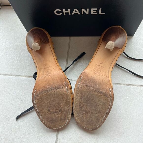 CHANEL Black Satin D'Orsay Sandals Interlocking Pearl CC Logo Lace Up 38 - Picture 6 of 14